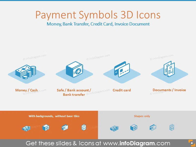 3D Payment Icons: Money, Bank Transfer, Credit Card, Invoice Document