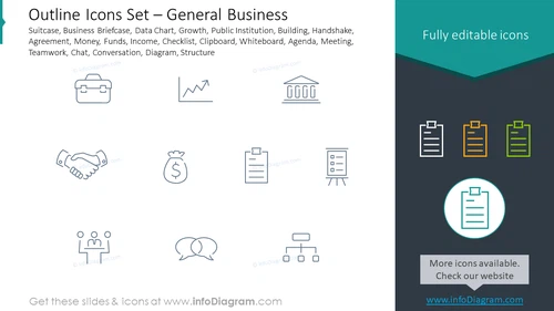 Outline icons set: general business suitcase, business