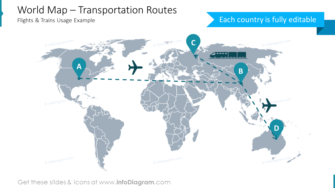world map transport route flight train powerpoint
