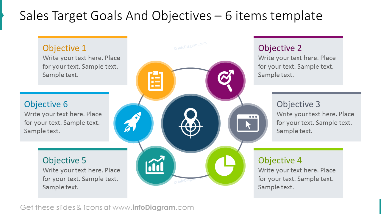 Target goals and objectives six items circle diagram 