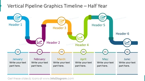 Half-year vertical pipe timeline illustrated with flat icons