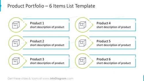 Six items product portfolio list with icons