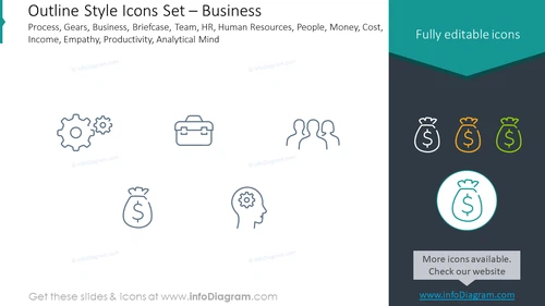 Outline icons set: business process, gears, business, briefcase
