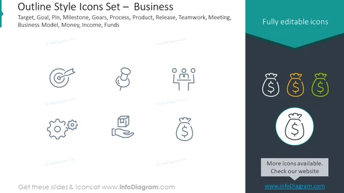 Outline icons set: target, goal, pin, milestone, gears, process