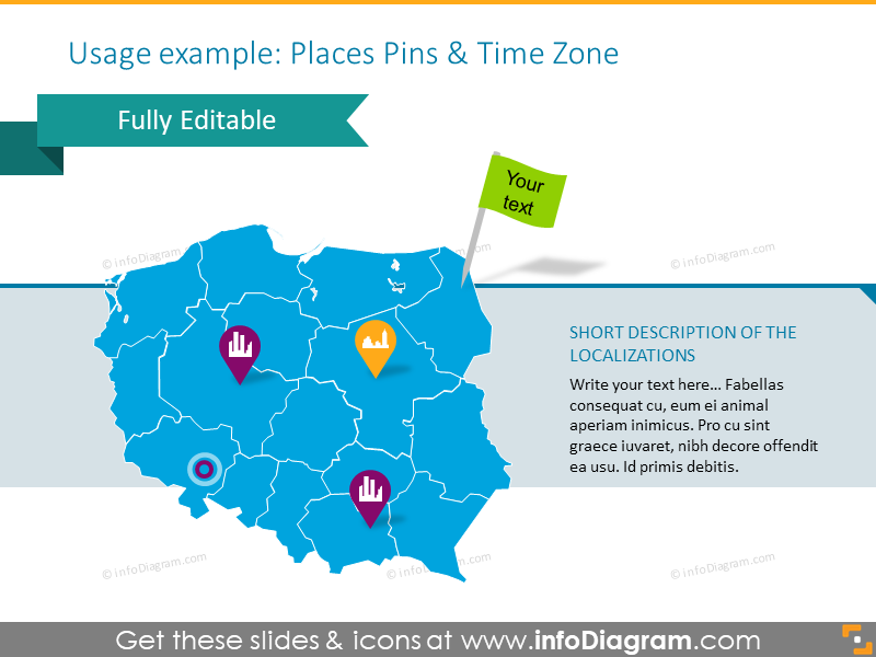 Poland map illustrated with places pins and time zone