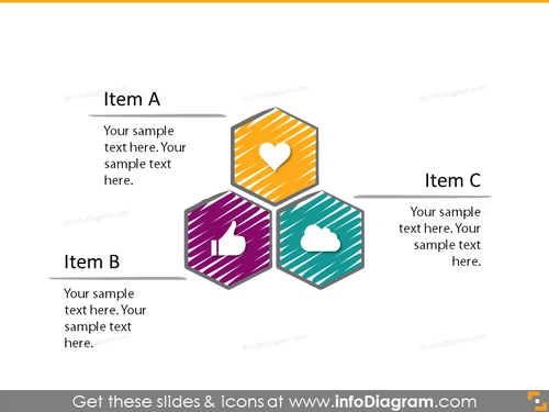 Hexagonal shapes list diagram with 3 items