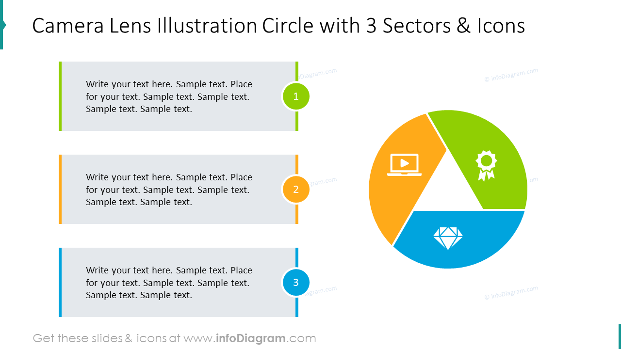 Camera lens illustration circle with 3 sectors and icons