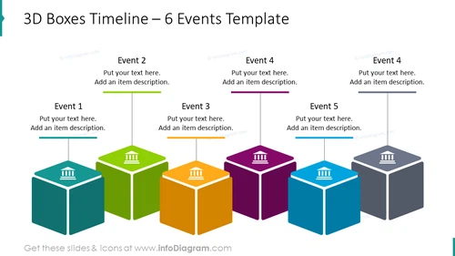 3D boxes timeline template for 6 events with text placeholders