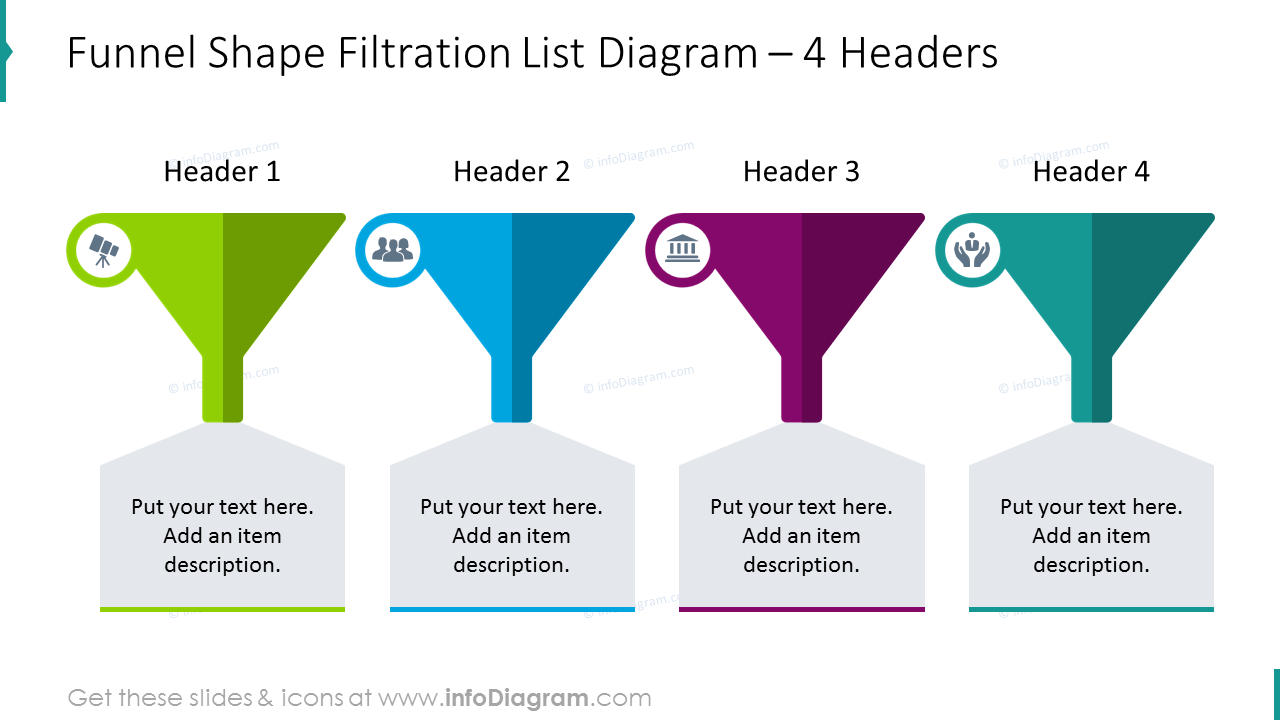 Funnel shape filtration list graphics for 4 headers