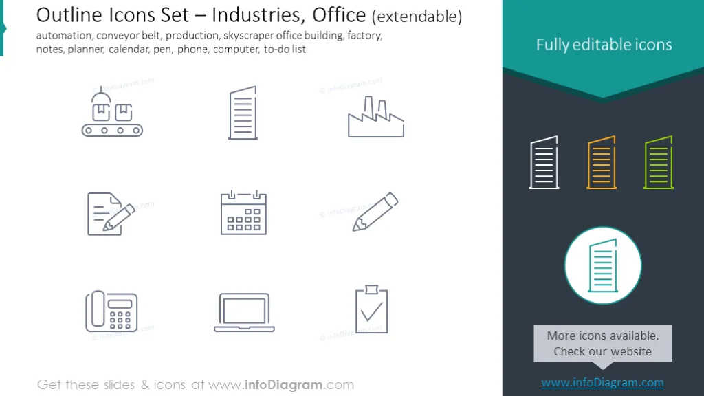 Outline Icons: Industries, conveyor belt, production, notes, planner