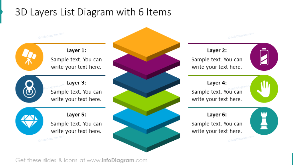 Six items 3D layers diagram with flat icons 
