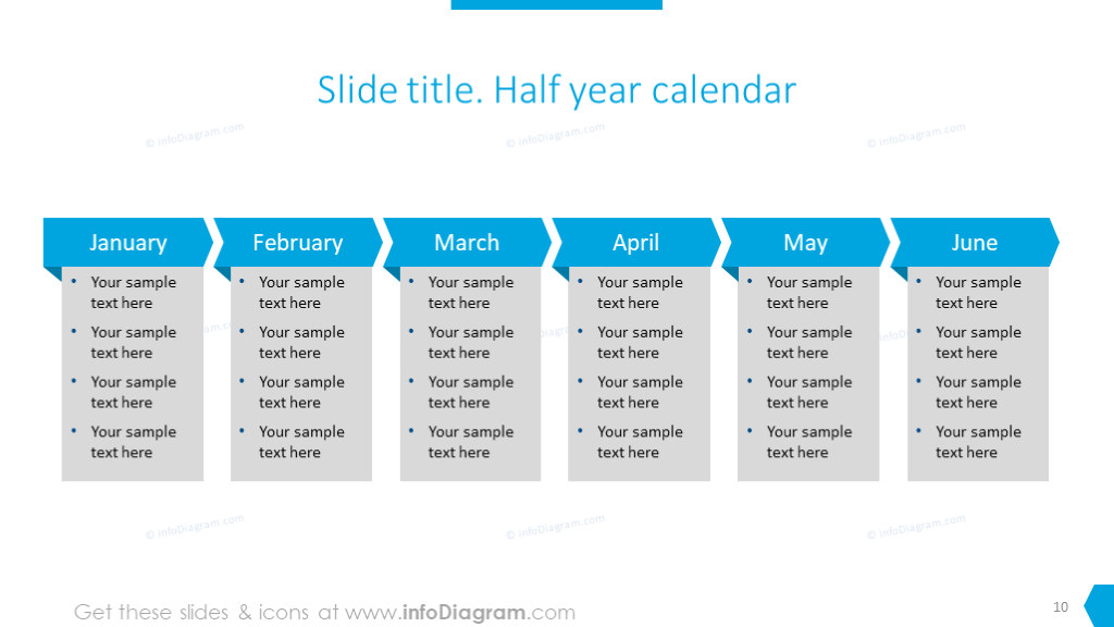 Half a year calendar with description for each month