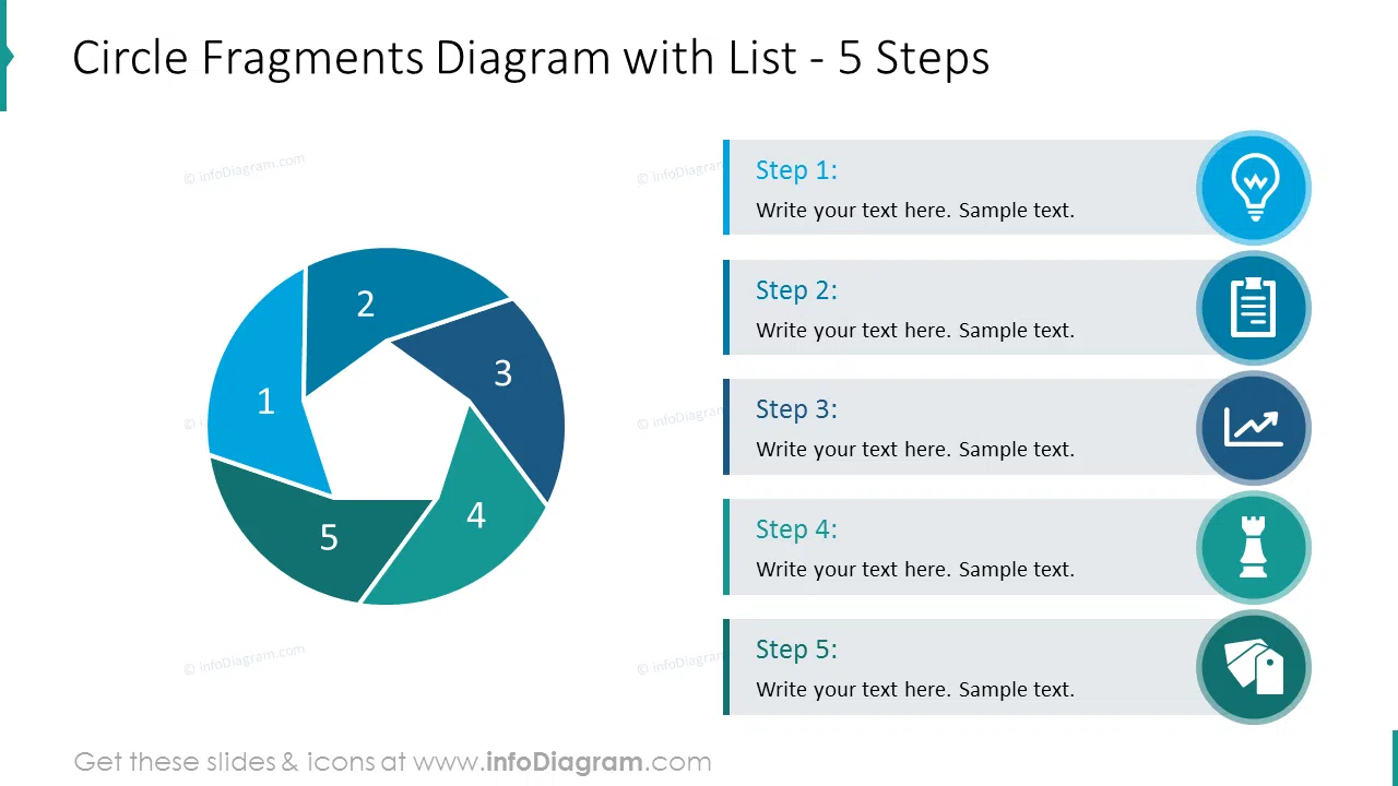 Circle fragments diagram describing list of 5 steps