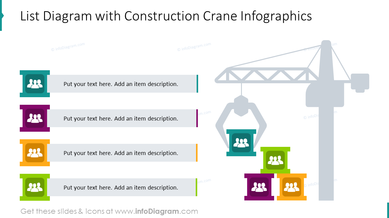 List diagram with construction crane infographics
