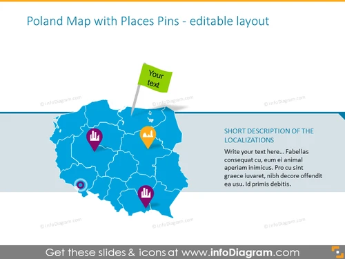Example of the Poland map illustrated with places pins