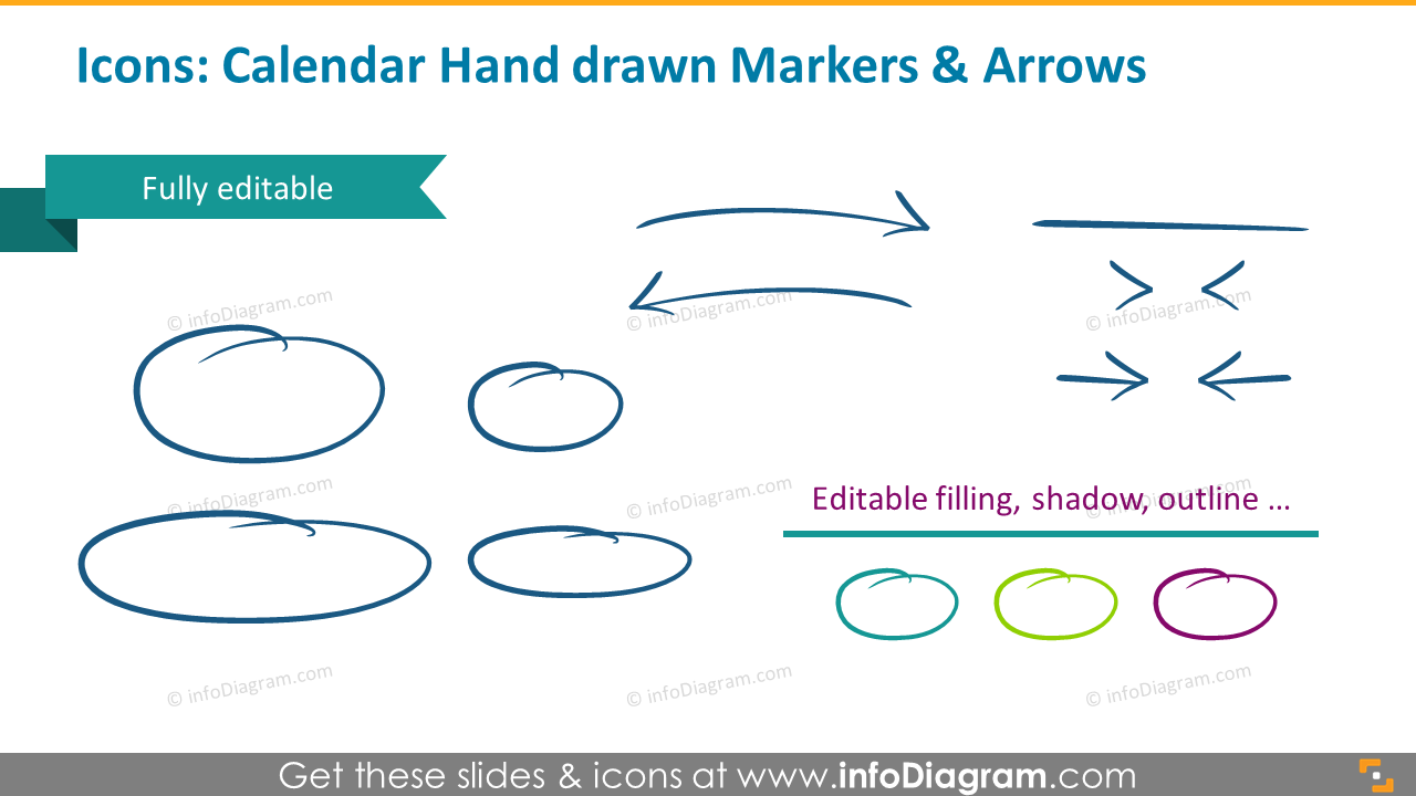 Icons slide: calendar handdrawn markers and arrows