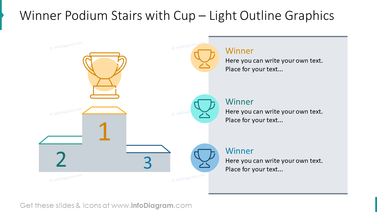 Winner podium stairs and cup illustrated with outline graphics 