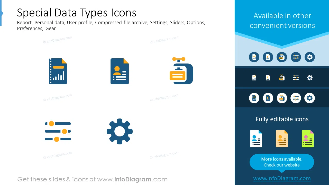 Special data types icons: report, personal data, user profile