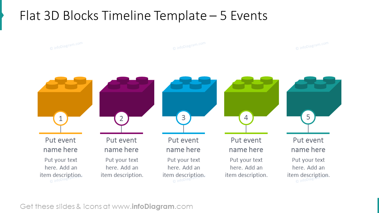 Flat 3D blocks timeline template placing 5 events