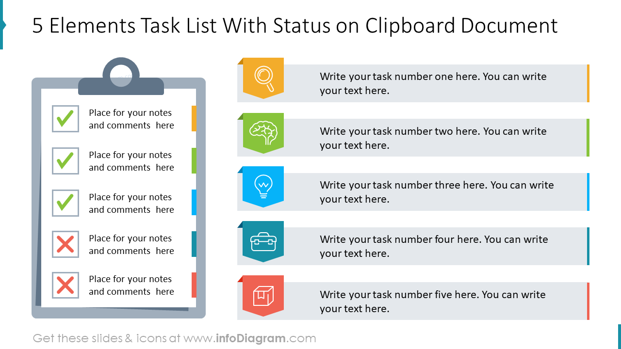 5 Elements Task List With Status on Clipboard Document