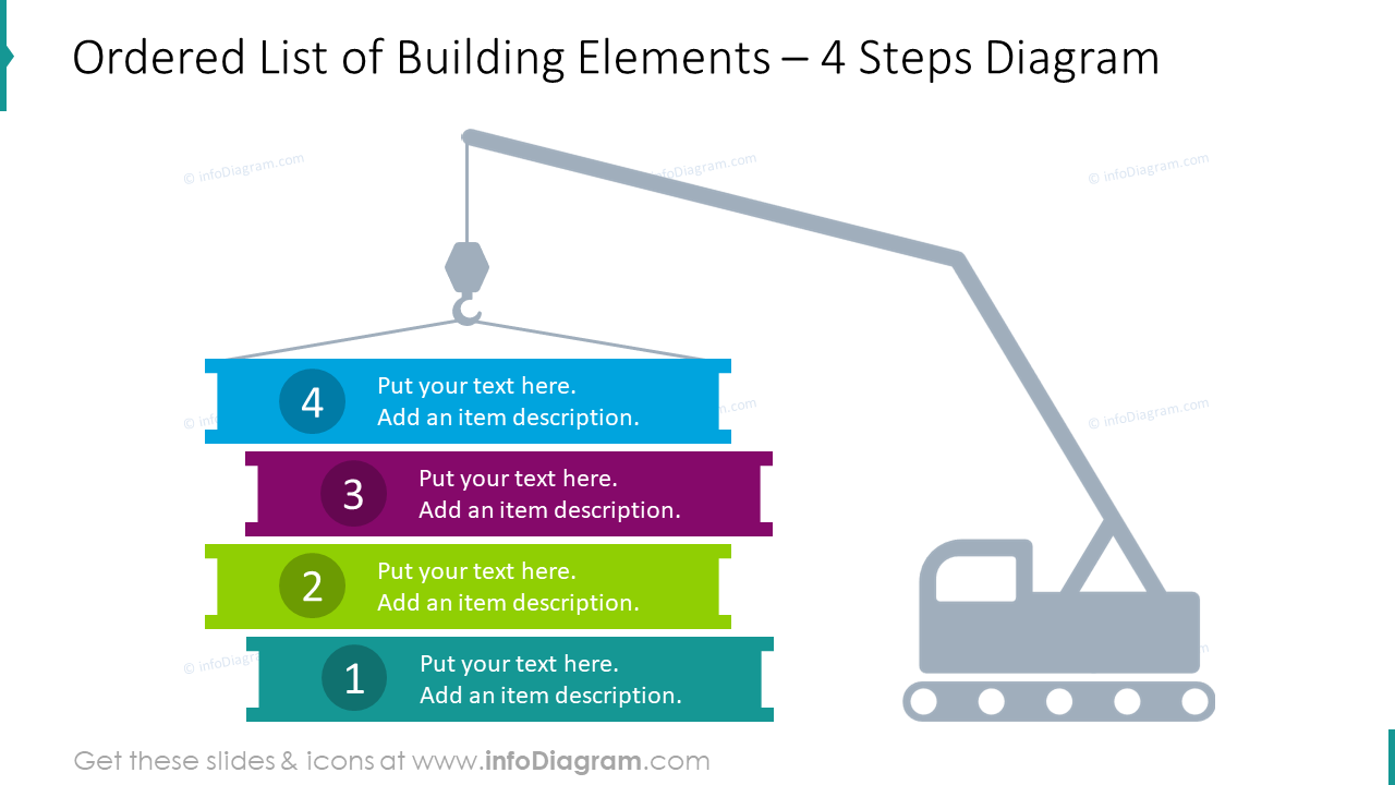 4 steps ordered list made with building elements 