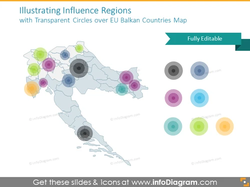 Influence Regions with Transparent Circles over EU Balkan Countries Map