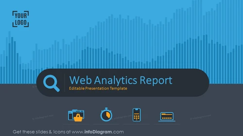 Web analytics report illustrated with dark-style graphics