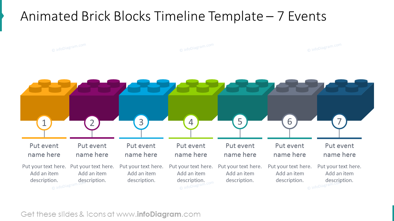 Animated timeline shaped bricks blocks with 7 events
