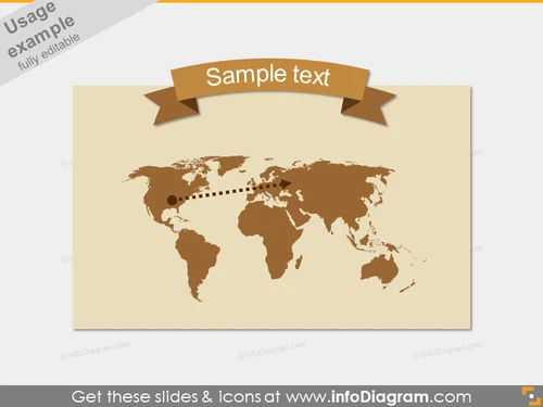 World Trip Map Flat Arc Banner Ribbon Brown Style PPT
