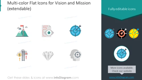 Multicolor flat vision and mission icons set