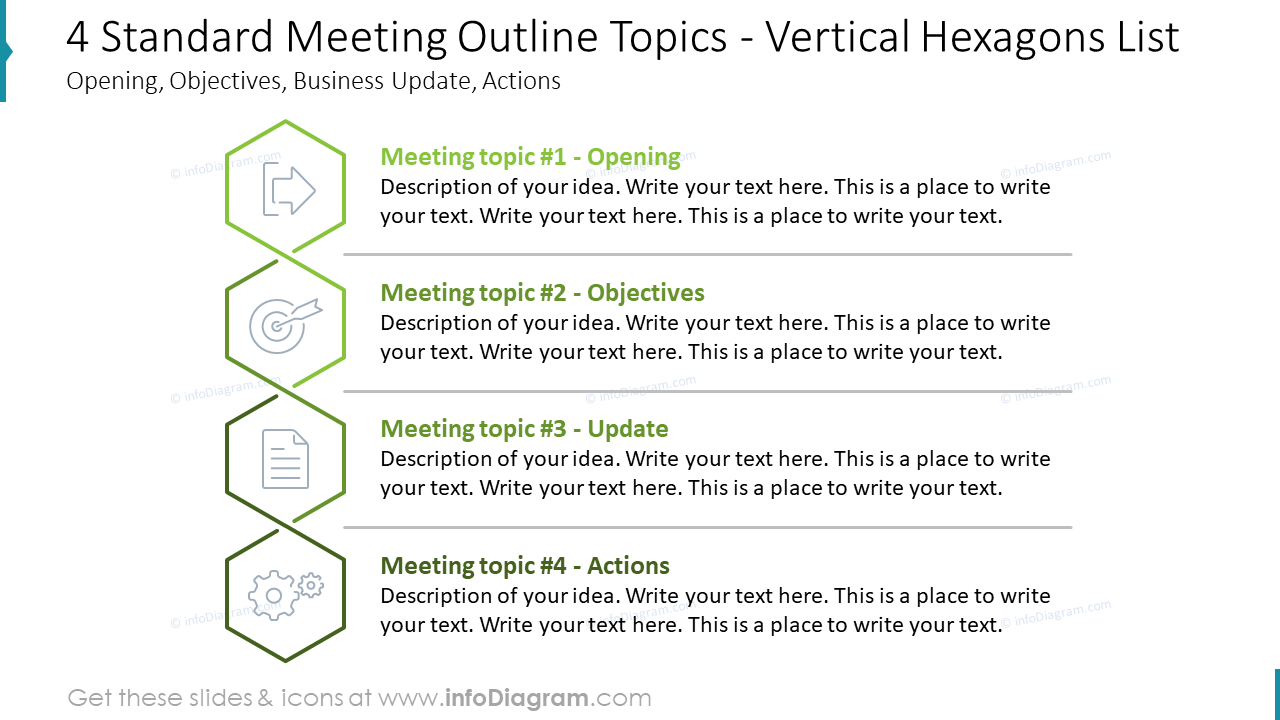 4 Standard Meeting Outline Topics - Vertical Hexagons List (Opening, Objectives, Business Update, Actions)