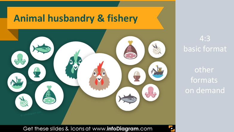 Food and Agriculture icons - Animal husbandry, Fishery (PPT flat clipart) 