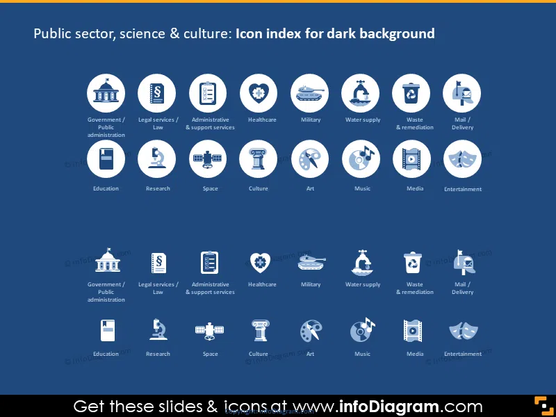 Public Administration Services icons PPT dark blue