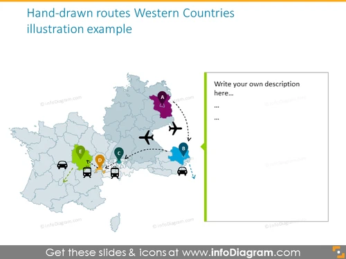 Western countries map with hand drawn routes