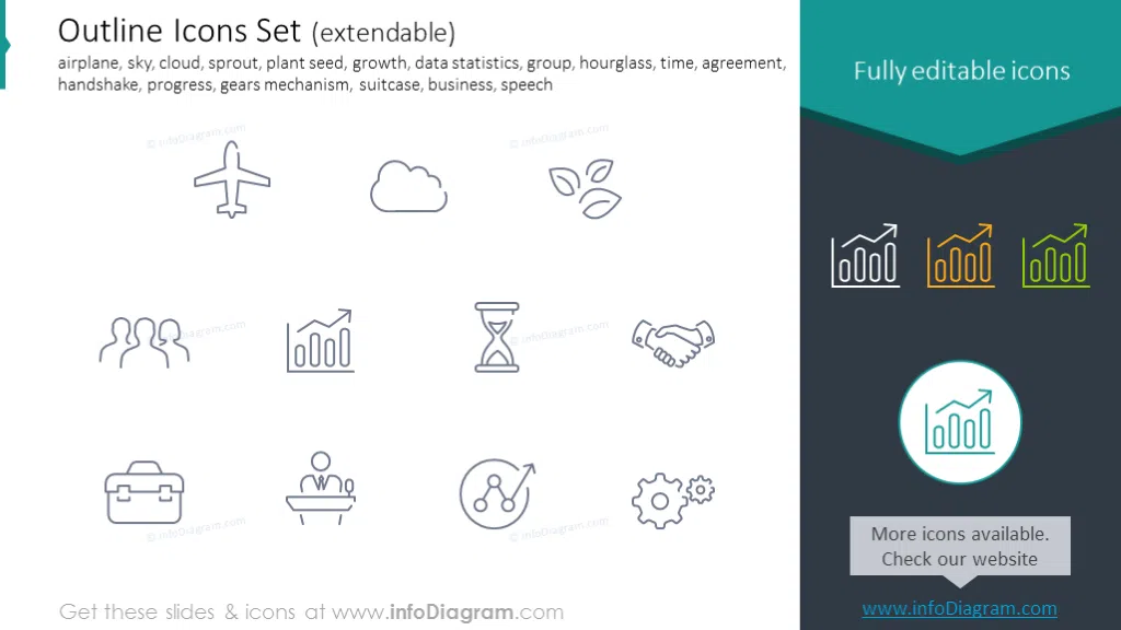 Icons Set: airplane, growth, hourglass, agreement, handshake, progress