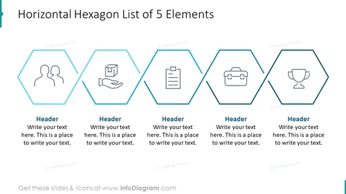 Horizontal hexagon list of five elements
