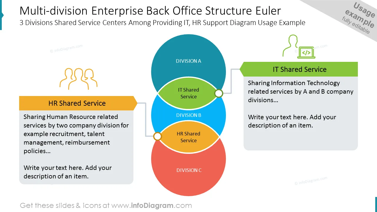 Multi-division Enterprise Back Office Structure Euler 3 Divisions Shared Service Centers Among Providing IT, HR Support Diagram Usage Example