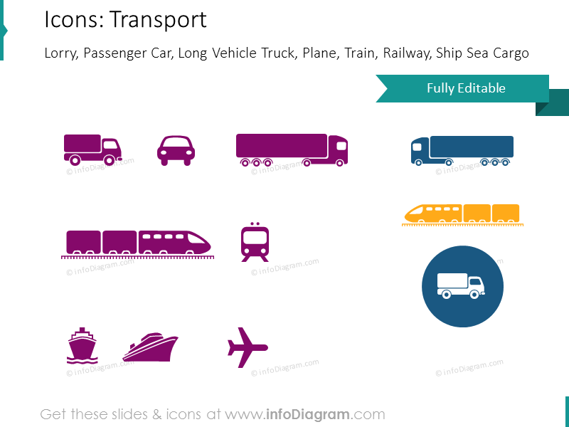 Icons: Transport, Lorry, Truck, Plane, Train, Railway, Ship, Cargo 