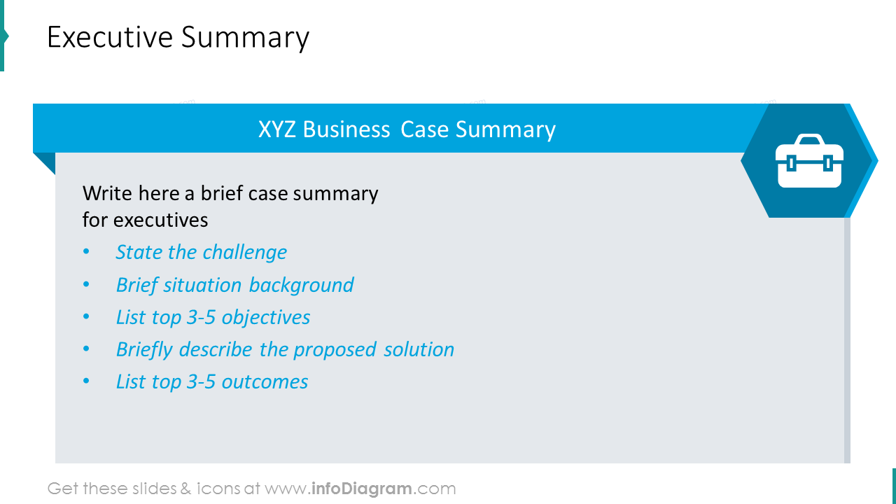 Executive summary shown with list description and icons