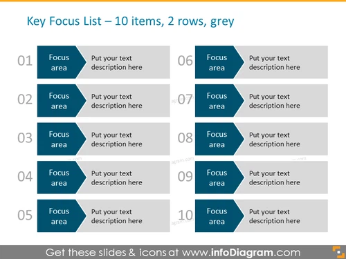 Arrows Diagram Template for 10 items in 2 columns in grey color with numbers for Powerpoint