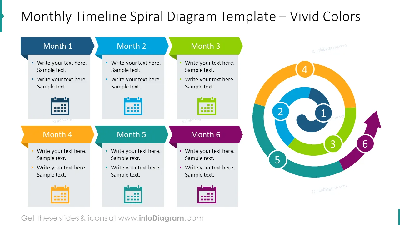 Vivid spiral timeline with text placeholders for each month