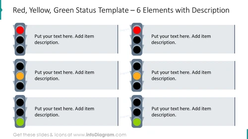 Traffic lights status example for six elements with description boxes