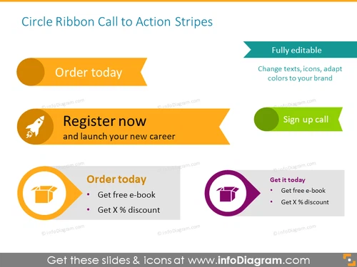 Call to action buttons illustrated with circle ribbon and stripes