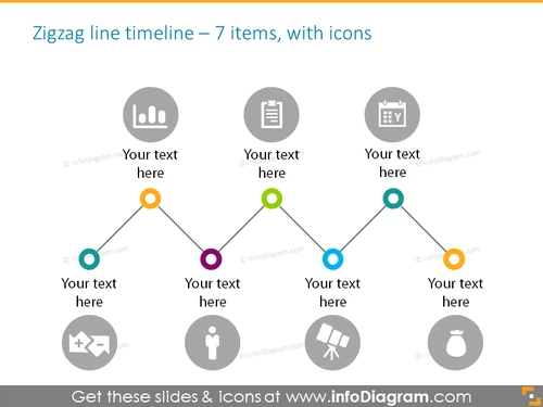 Zigzag line timeline for 7 elements with icons