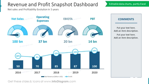 Revenue and Profit Snapshot Dashboard Net sales and Profitability Evolution in 5 years