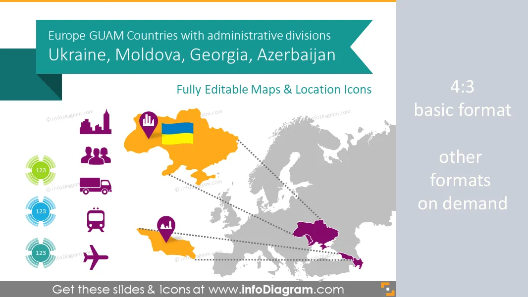 Ukraine, Georgia, GUAM Countries Maps with Administrative Regions (PPT editable)