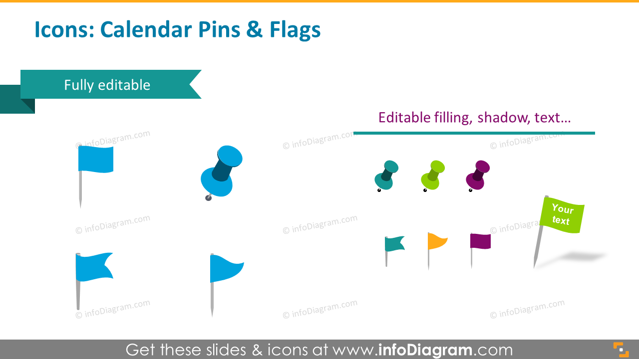 Icons template: calendar pins and flags