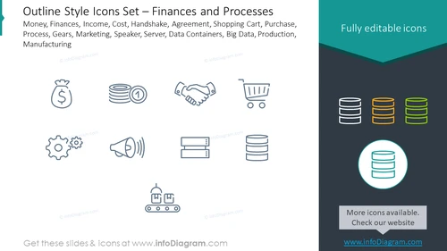 Outline style icons set: money, finances, income, cost, handshake, agreement
