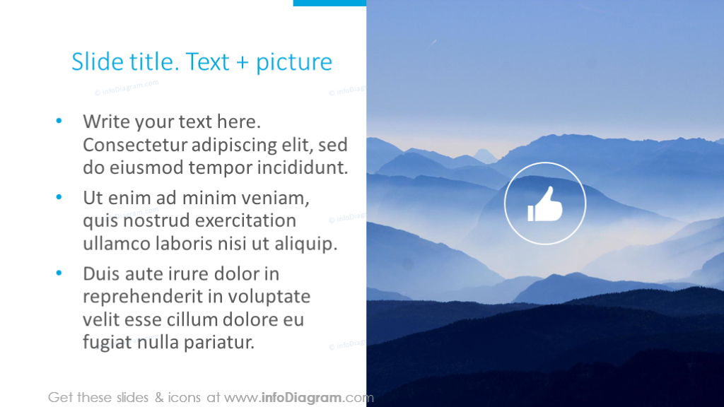 Slide template illustrated with text, icons and picture