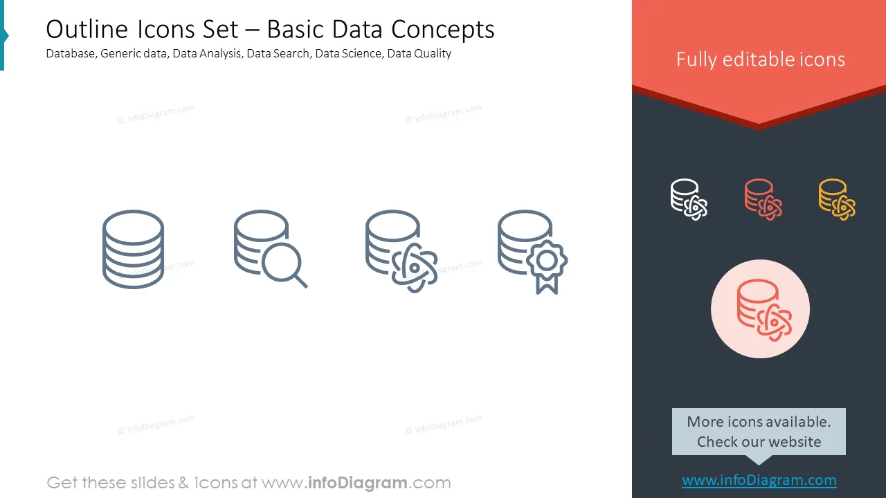 Outline Icons Set – Basic Data ConceptsDatabase, Generic data, Data Analysis, Data Search, Data Science, Data Quality